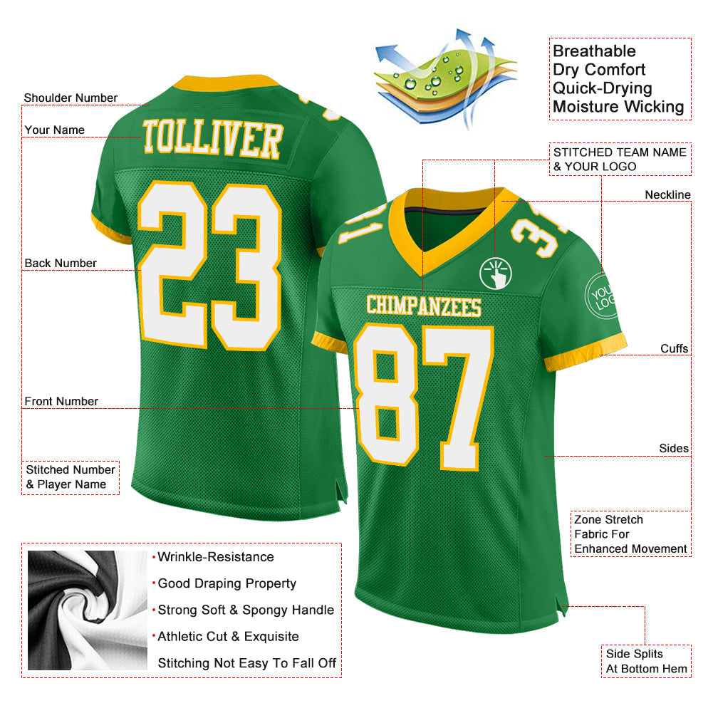 Custom Grass Green White-Gold Mesh Authentic Football Jersey view 2