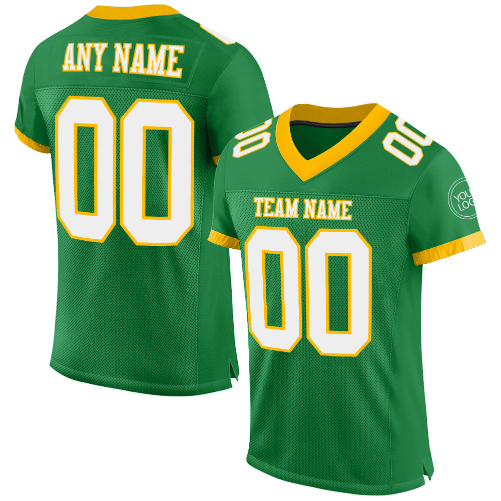 Custom Grass Green White-Gold Mesh Authentic Football Jersey - Main View