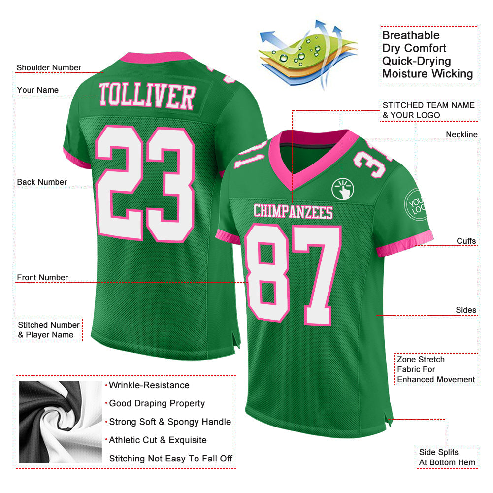 Custom Grass Green White-Pink Mesh Authentic Football Jersey view 2