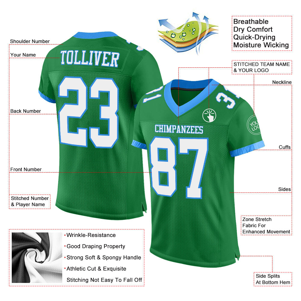 Custom Grass Green White-Powder Blue Mesh Authentic Football Jersey view 2
