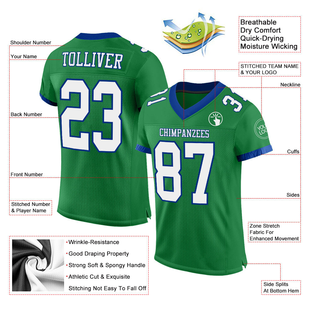 Custom Grass Green White-Royal Mesh Authentic Football Jersey view 2