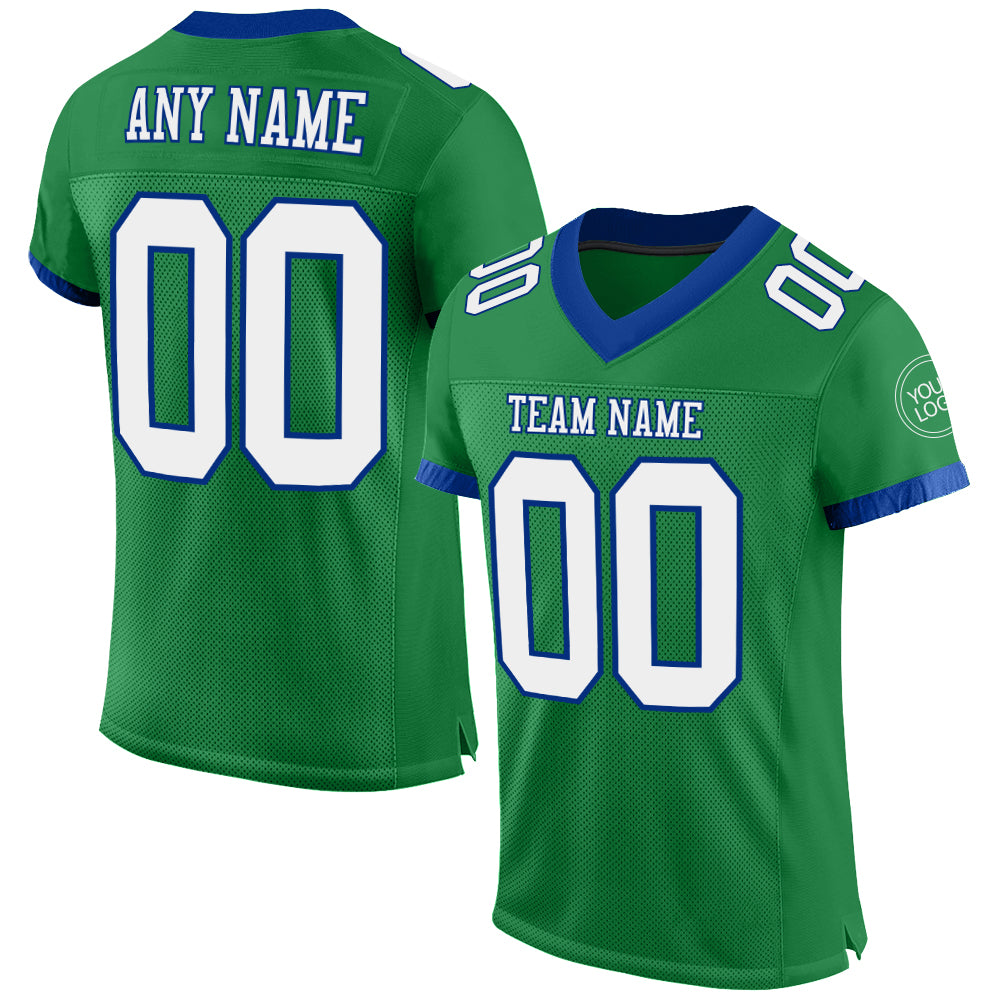 Custom Grass Green White-Royal Mesh Authentic Football Jersey - Main View