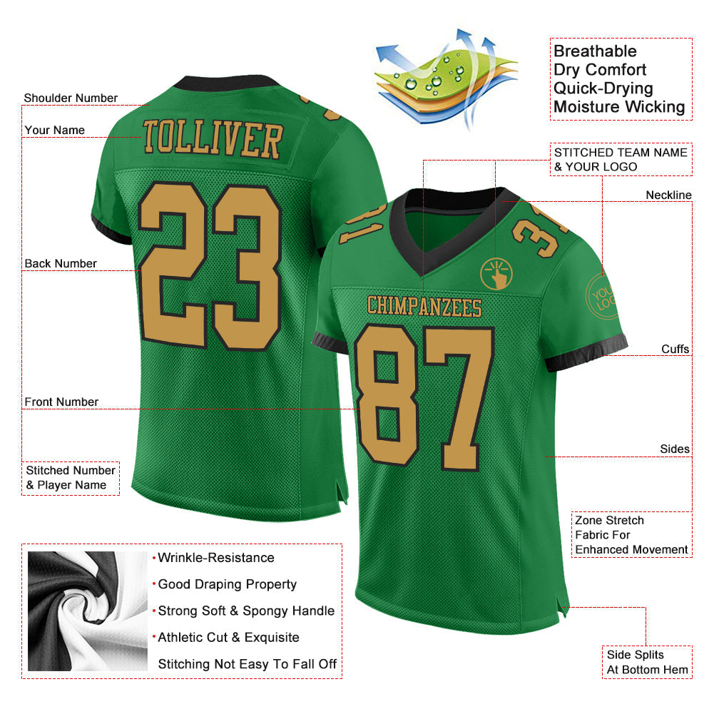 Custom Grass Green Old Gold-Black Mesh Authentic Football Jersey view 2