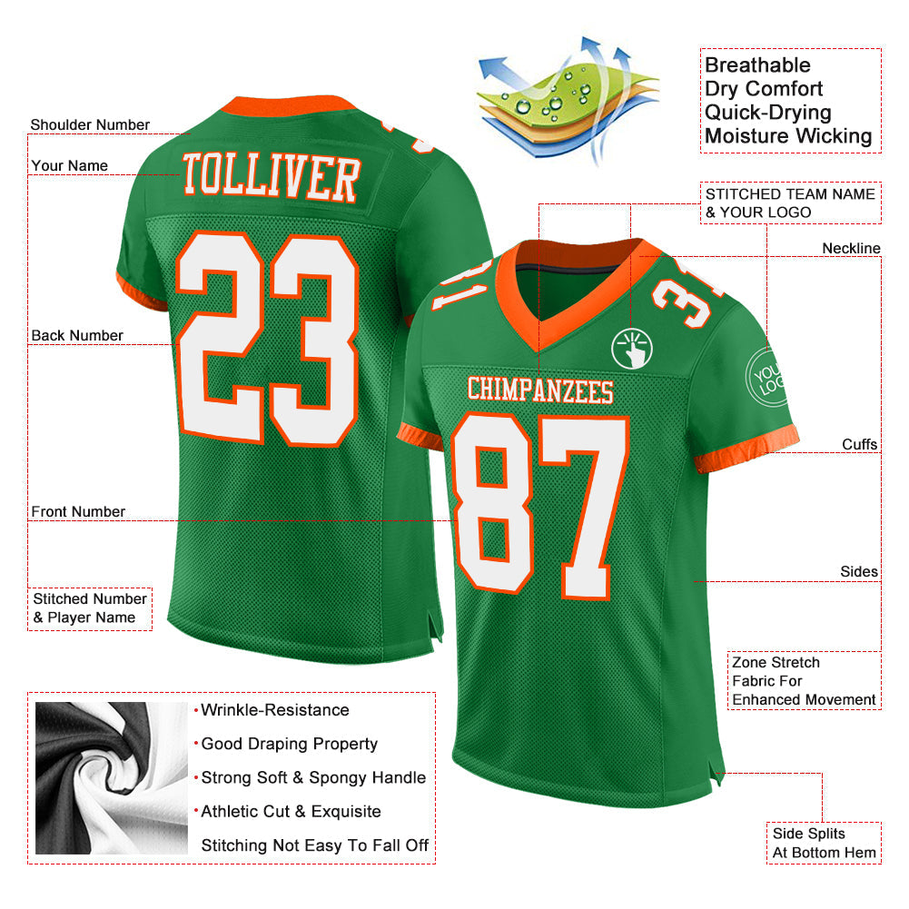 Custom Grass Green White-Orange Mesh Authentic Football Jersey view 2