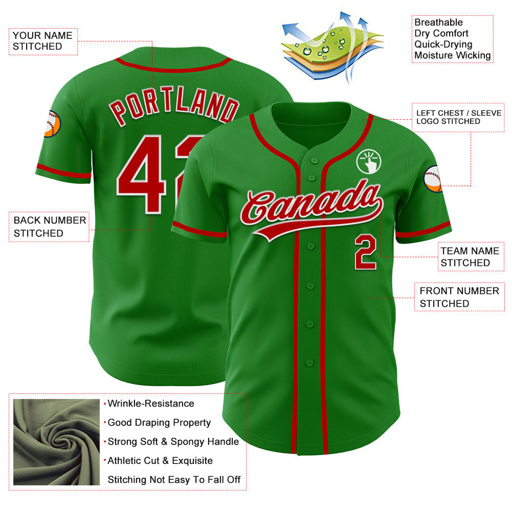 Custom Grass Green Red-White Authentic Baseball Jersey view 3