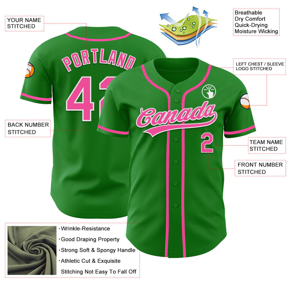 Custom Grass Green Pink-White Authentic Baseball Jersey view 3