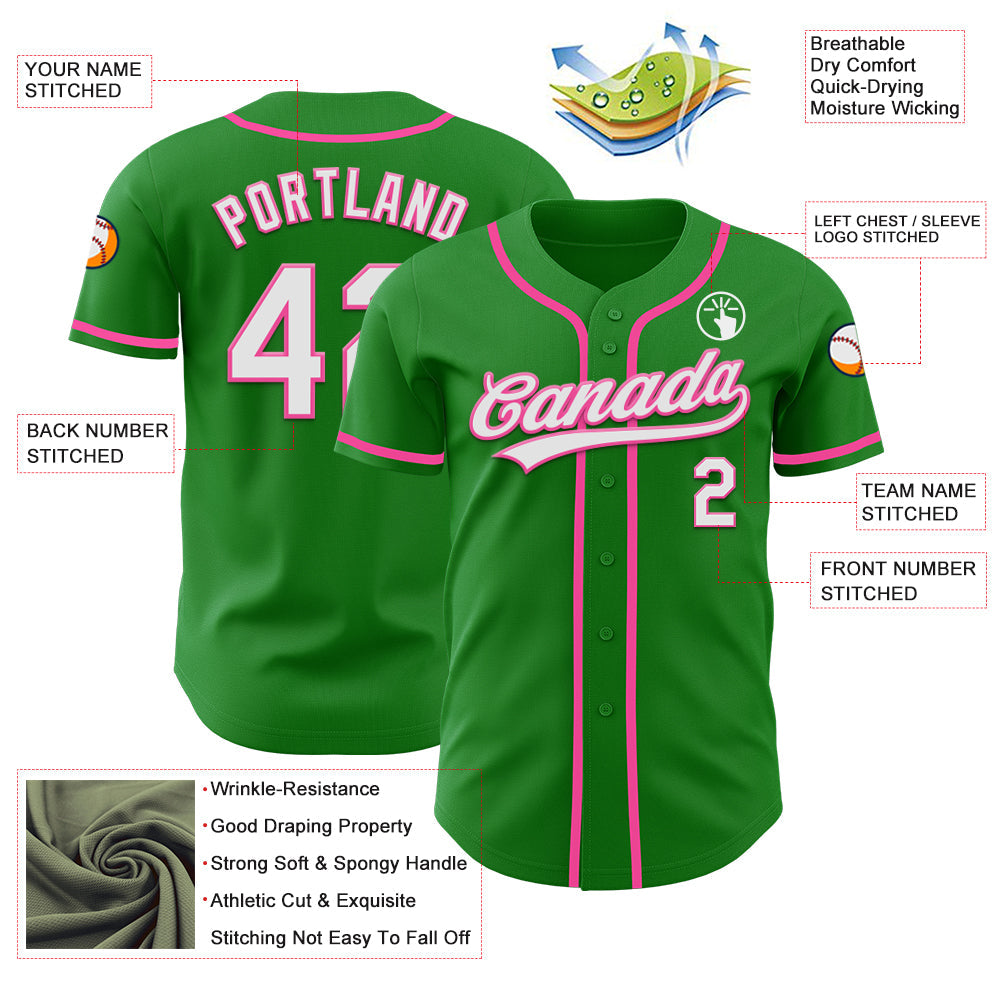 Custom Grass Green White-Pink Authentic Baseball Jersey view 3