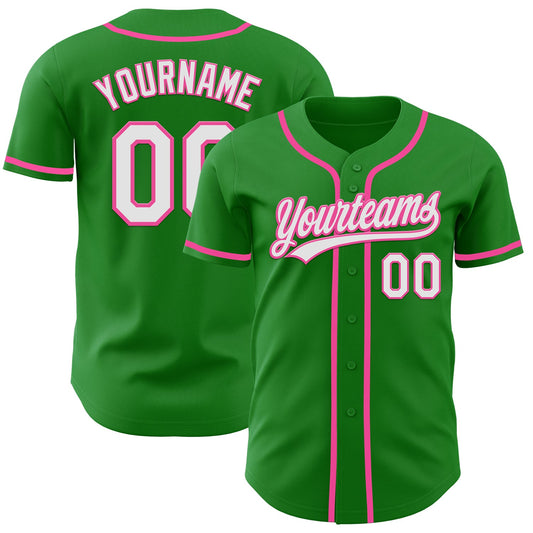 Custom Grass Green White-Pink Authentic Baseball Jersey - Main View