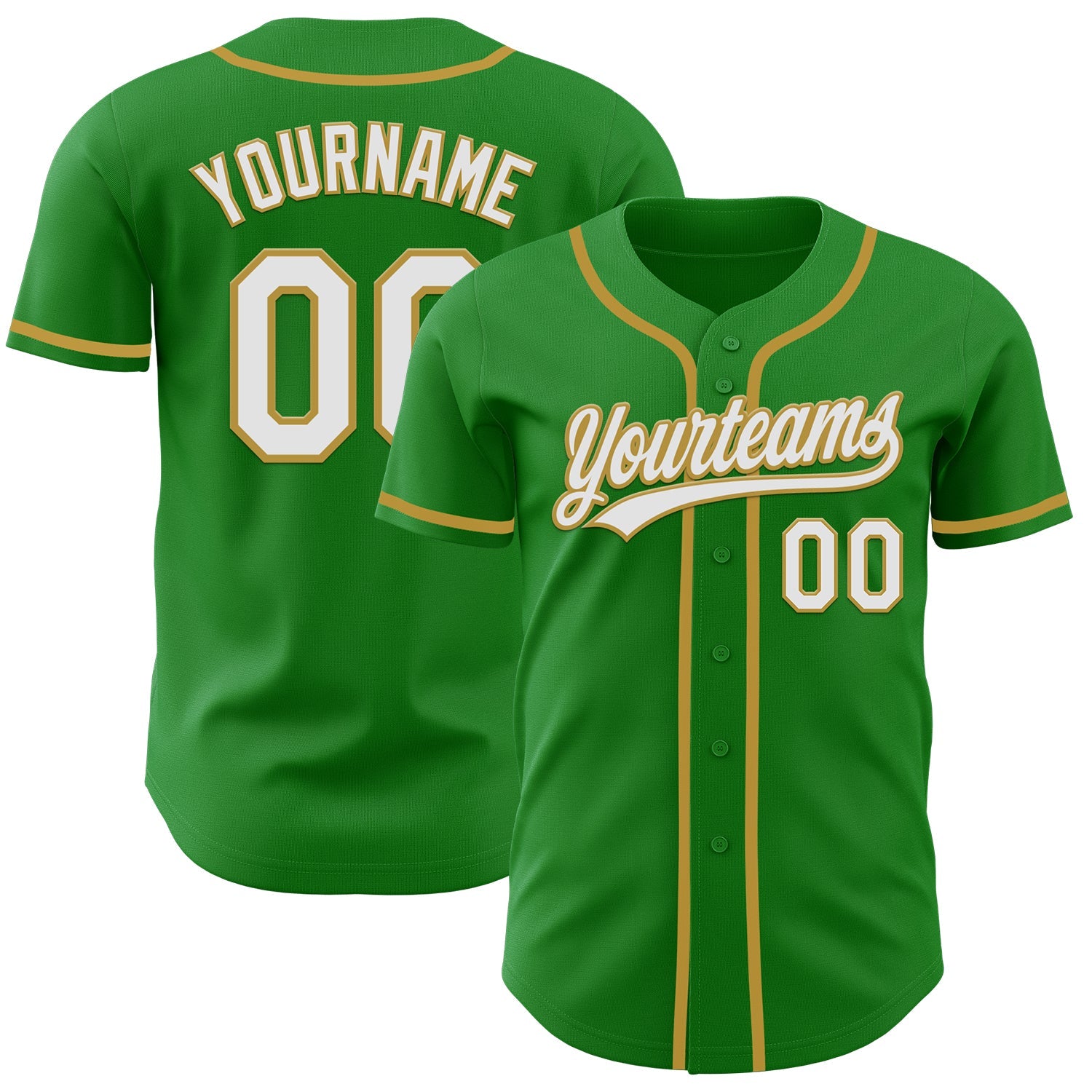 Custom Grass Green White-Old Gold Authentic Baseball Jersey - Main View