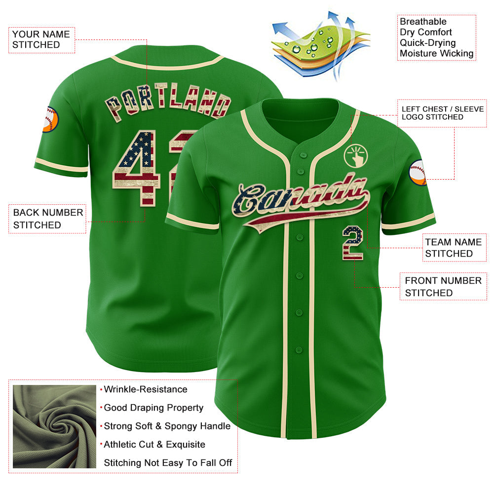 Custom Grass Green Vintage USA Flag-Cream Authentic Baseball Jersey view 3