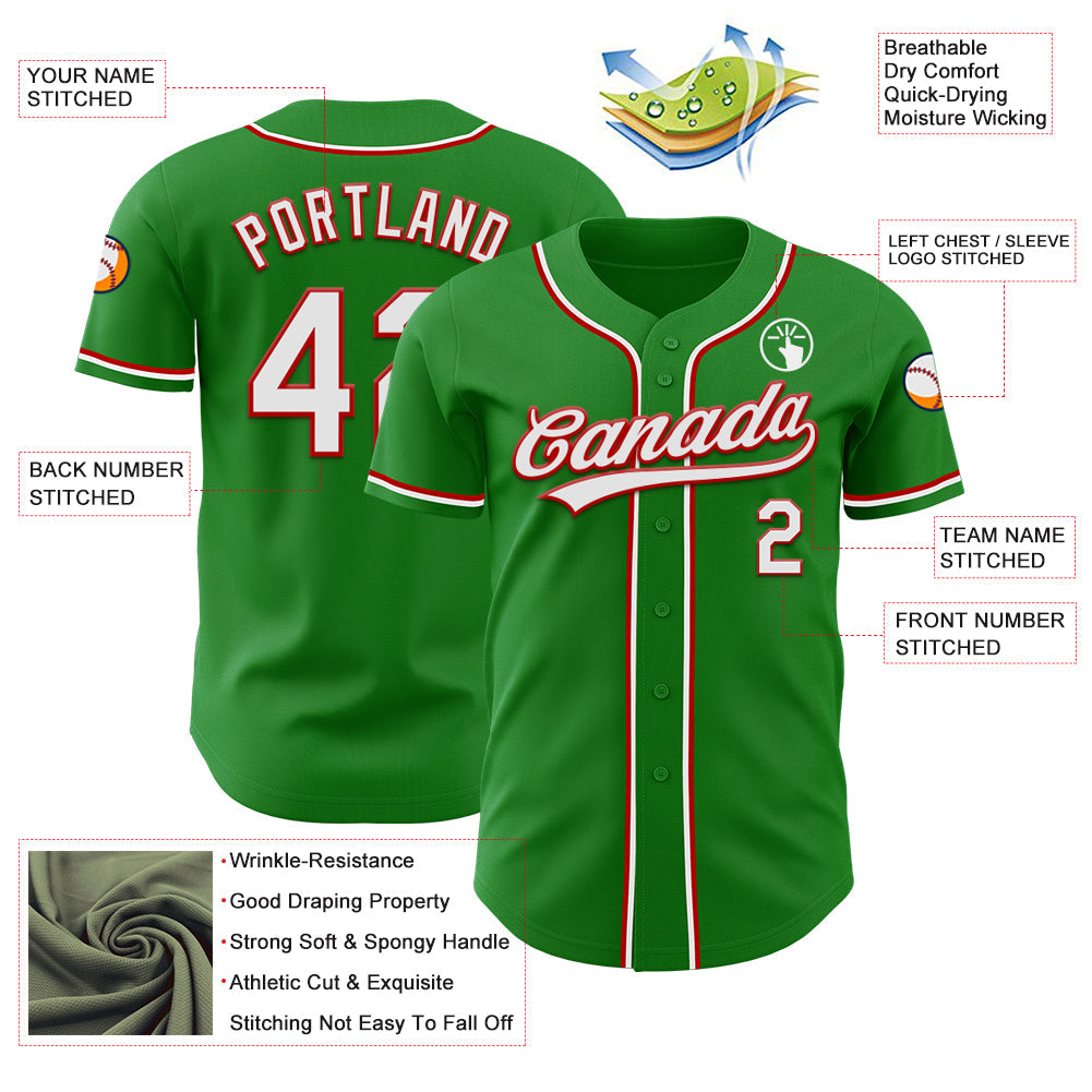 Custom Grass Green White-Red Authentic Baseball Jersey view 3