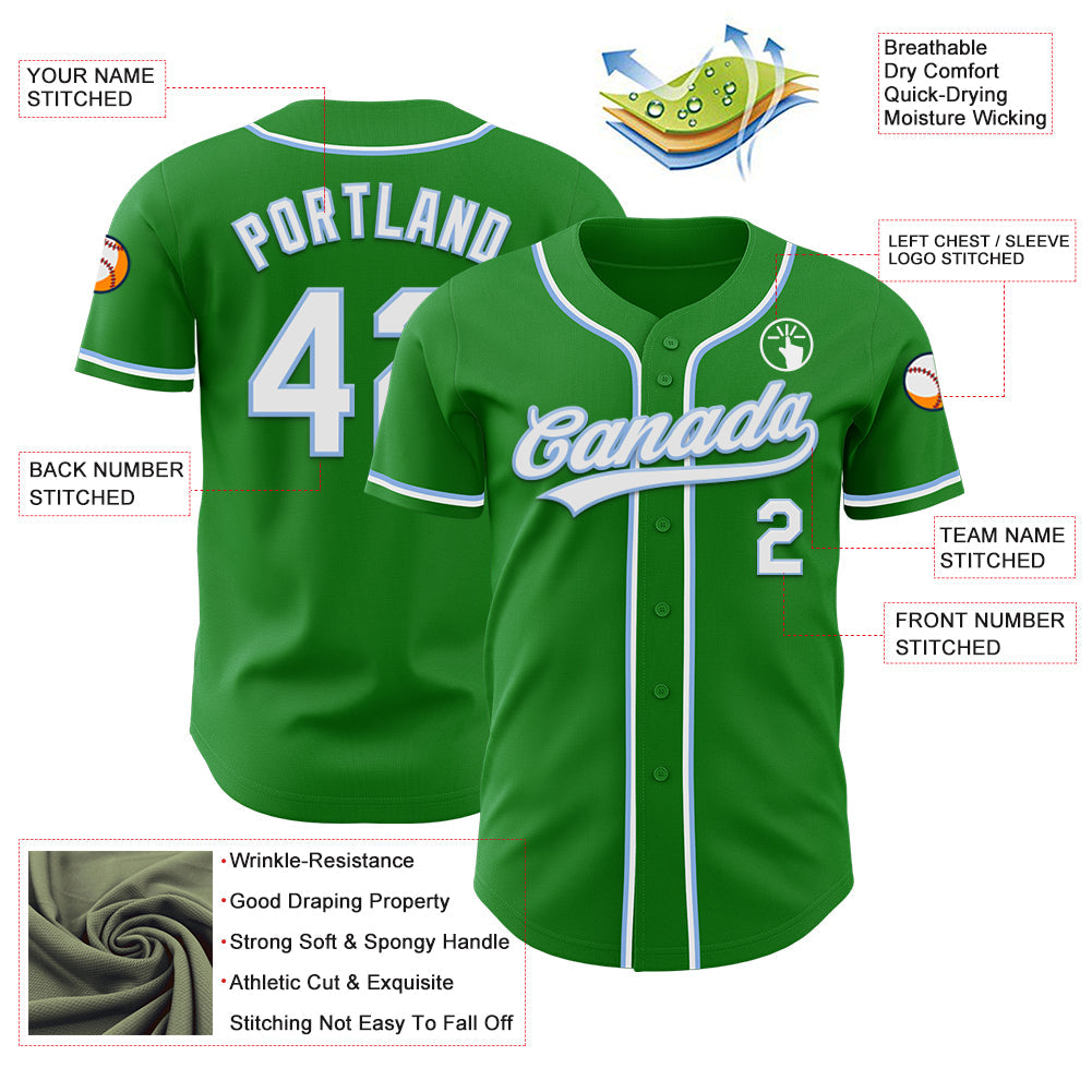 Custom Grass Green White-Light Blue Authentic Baseball Jersey view 3