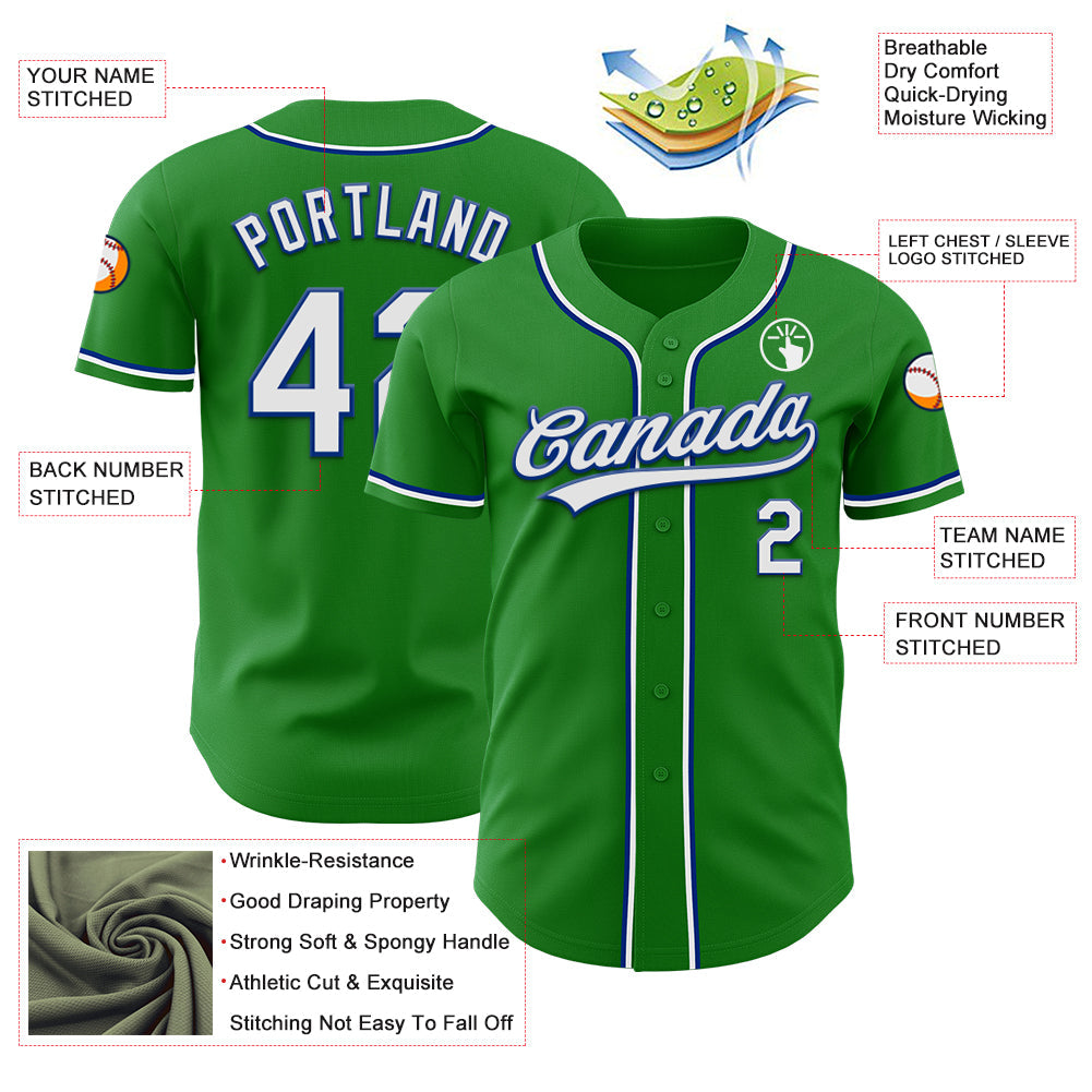 Custom Grass Green White-Royal Authentic Baseball Jersey view 3
