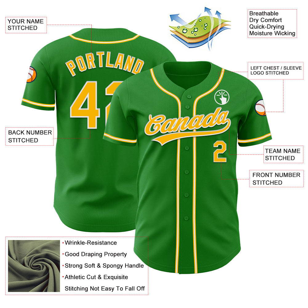 Custom Grass Green Gold-White Authentic Baseball Jersey view 3