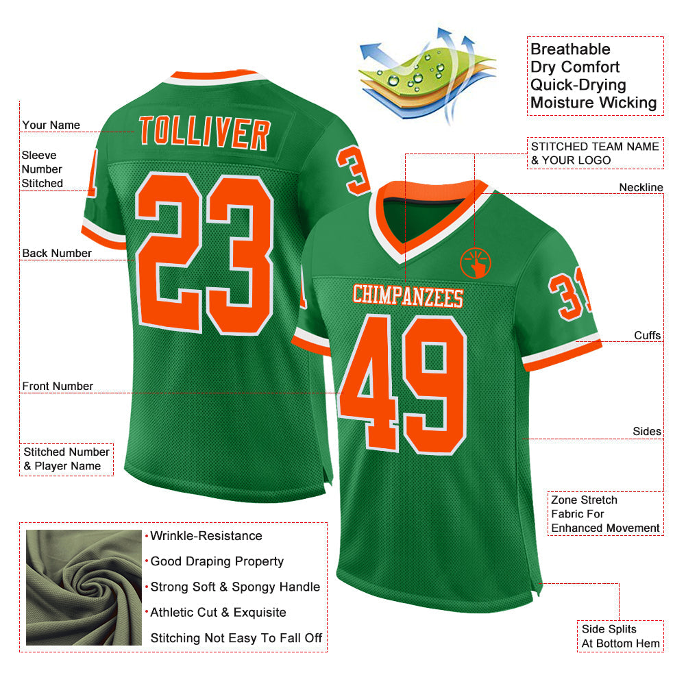 Custom Grass Green Orange-White Mesh Authentic Throwback Football Jersey view 2