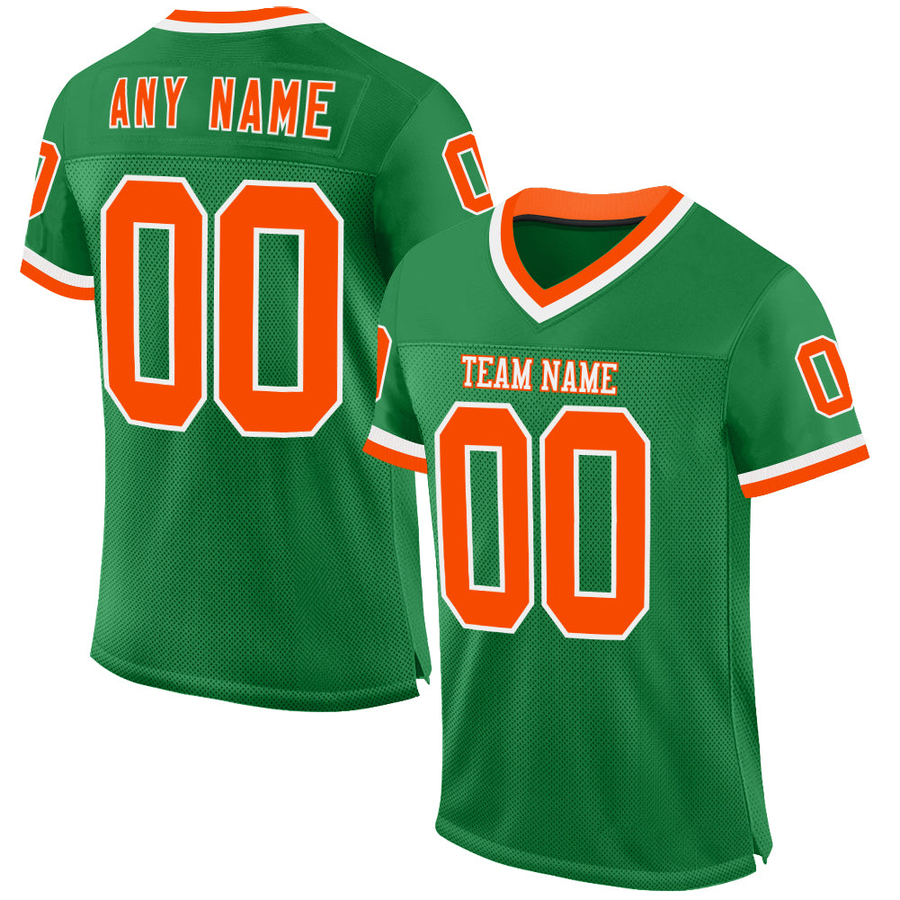 Custom Grass Green Orange-White Mesh Authentic Throwback Football Jersey - Main View