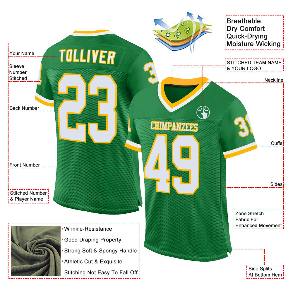 Custom Grass Green White-Gold Mesh Authentic Throwback Football Jersey view 2
