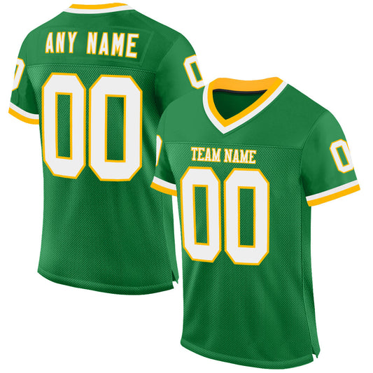 Custom Grass Green White-Gold Mesh Authentic Throwback Football Jersey - Main View
