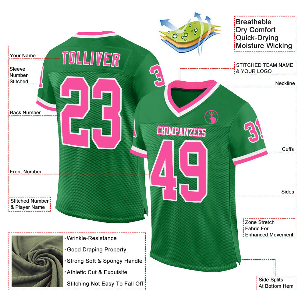Custom Grass Green Pink-White Mesh Authentic Throwback Football Jersey view 2