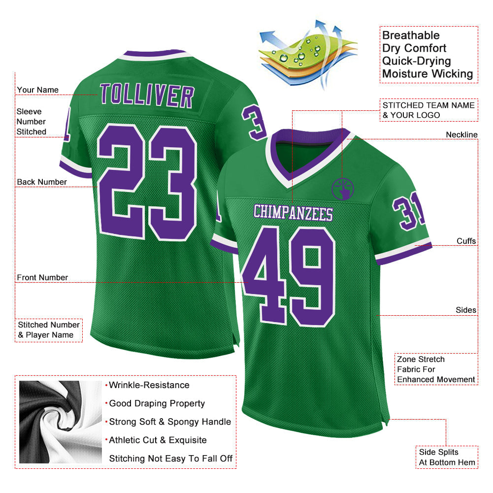 Custom Grass Green Purple-White Mesh Authentic Throwback Football Jersey view 2