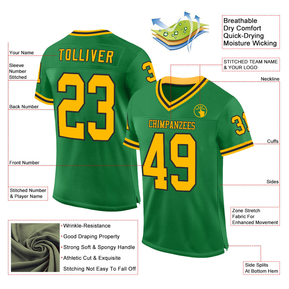 Custom Grass Green Gold-Black Mesh Authentic Throwback Football Jersey view 2