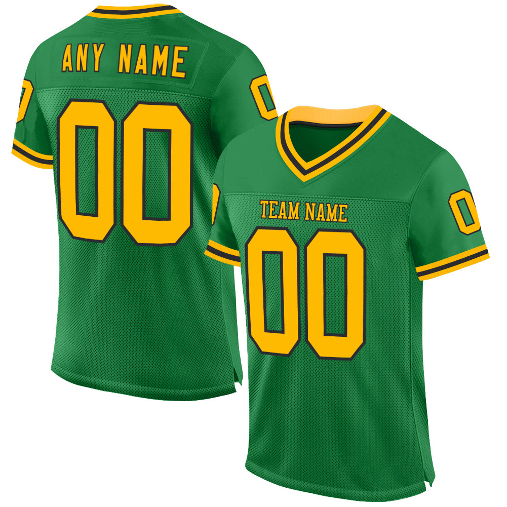 Custom Grass Green Gold-Black Mesh Authentic Throwback Football Jersey - Main View
