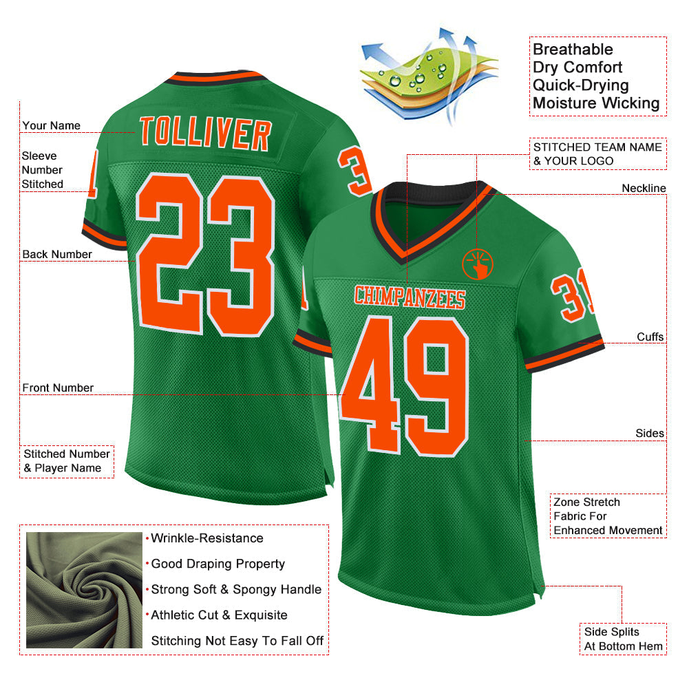 Custom Grass Green Orange-Black Mesh Authentic Throwback Football Jersey view 2