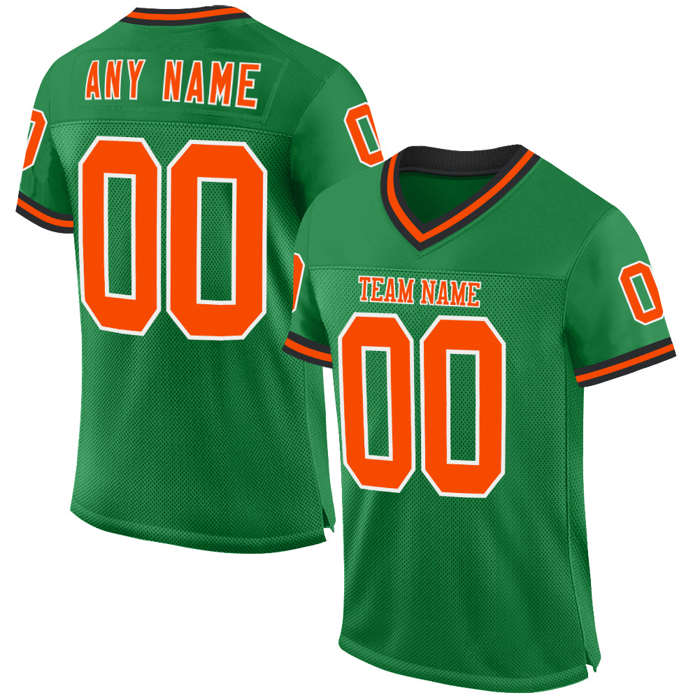 Custom Grass Green Orange-Black Mesh Authentic Throwback Football Jersey - Main View
