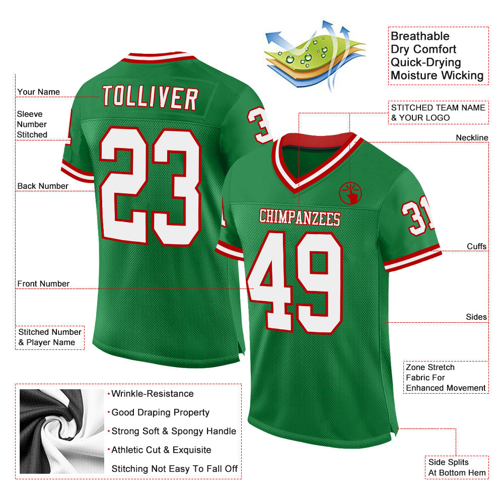 Custom Grass Green White-Red Mesh Authentic Throwback Football Jersey view 2