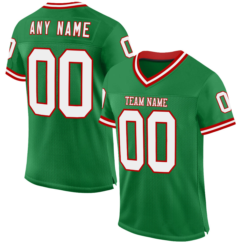 Custom Grass Green White-Red Mesh Authentic Throwback Football Jersey - Main View