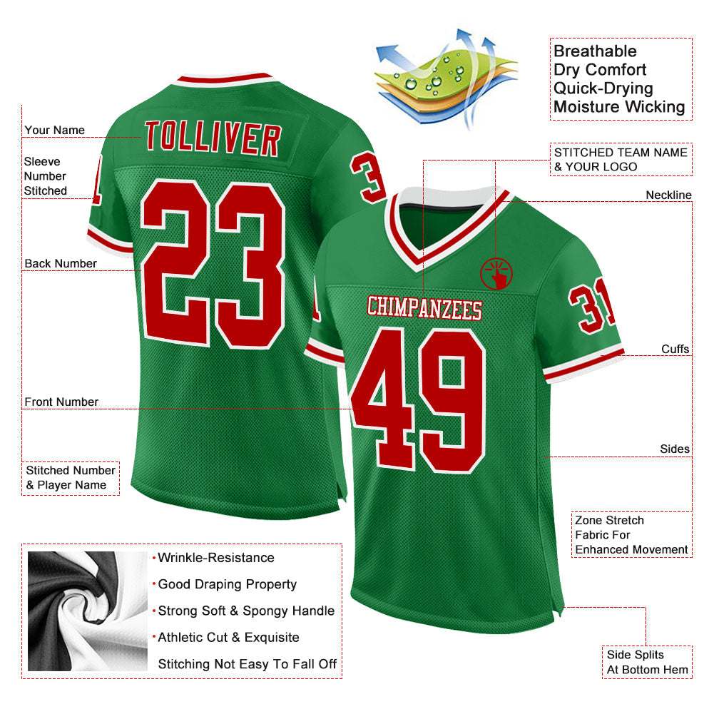 Custom Grass Green Red-White Mesh Authentic Throwback Football Jersey view 2
