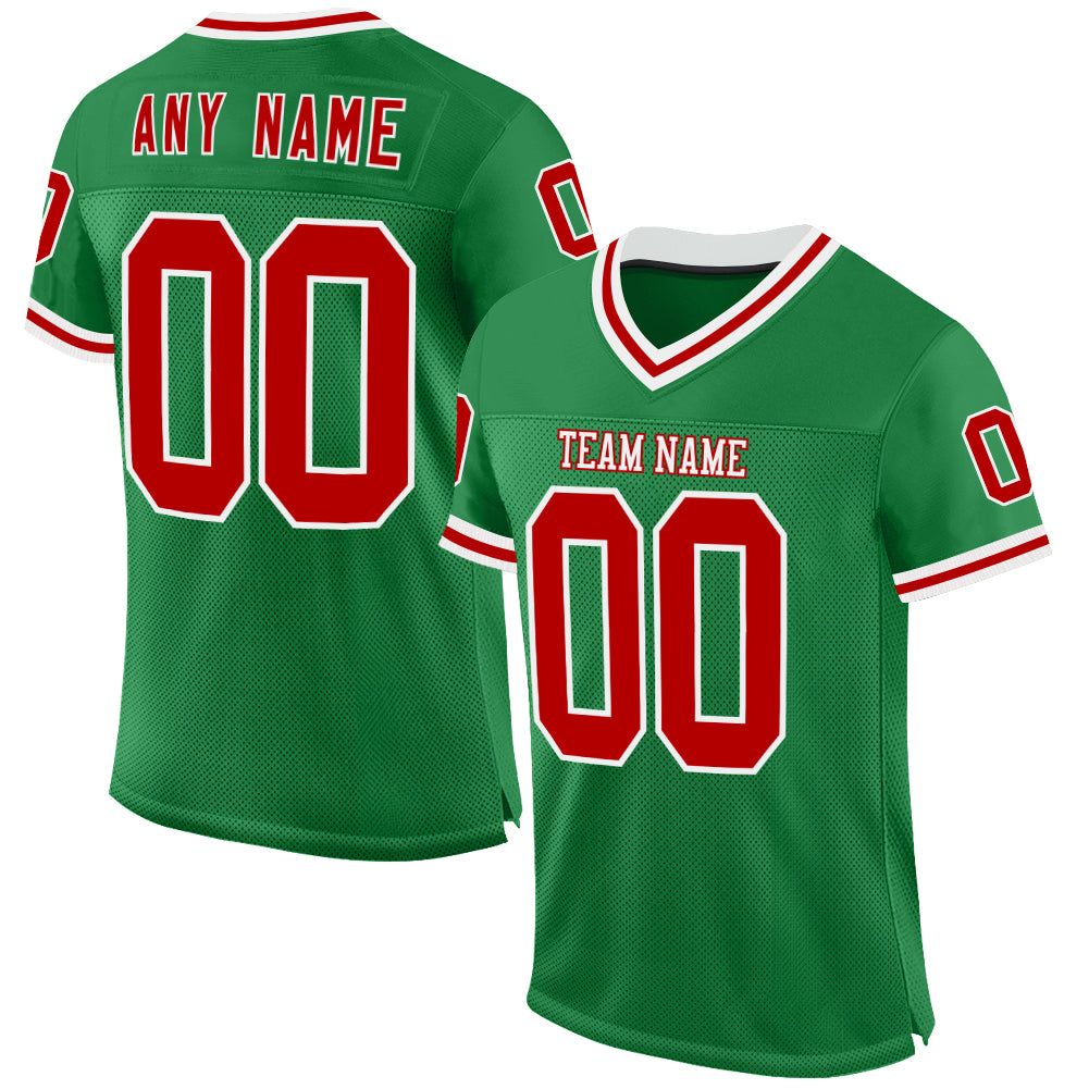 Custom Grass Green Red-White Mesh Authentic Throwback Football Jersey - Main View