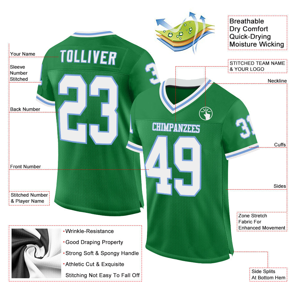 Custom Grass Green White-Light Blue Mesh Authentic Throwback Football Jersey view 2