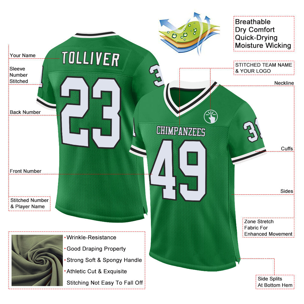 Custom Grass Green White-Black Mesh Authentic Throwback Football Jersey view 2