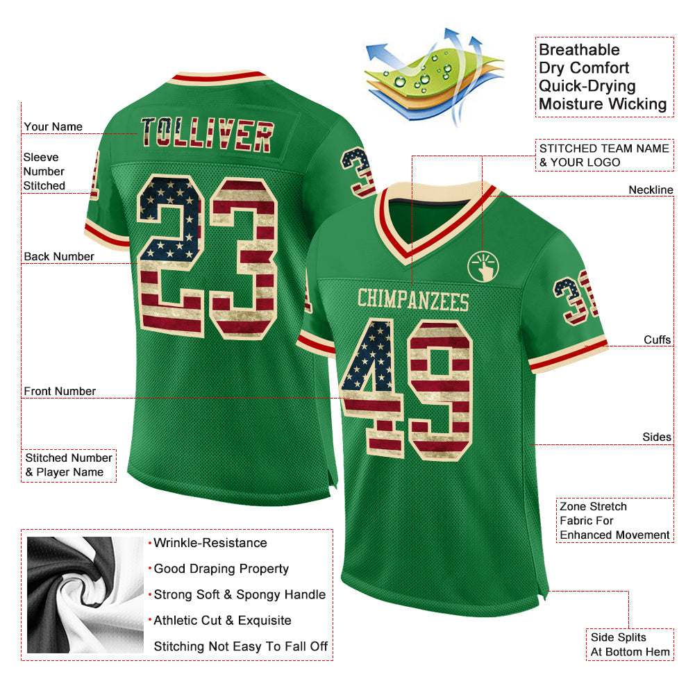 Custom Grass Green Vintage USA Flag Cream-Red Mesh Authentic Throwback Football Jersey view 2