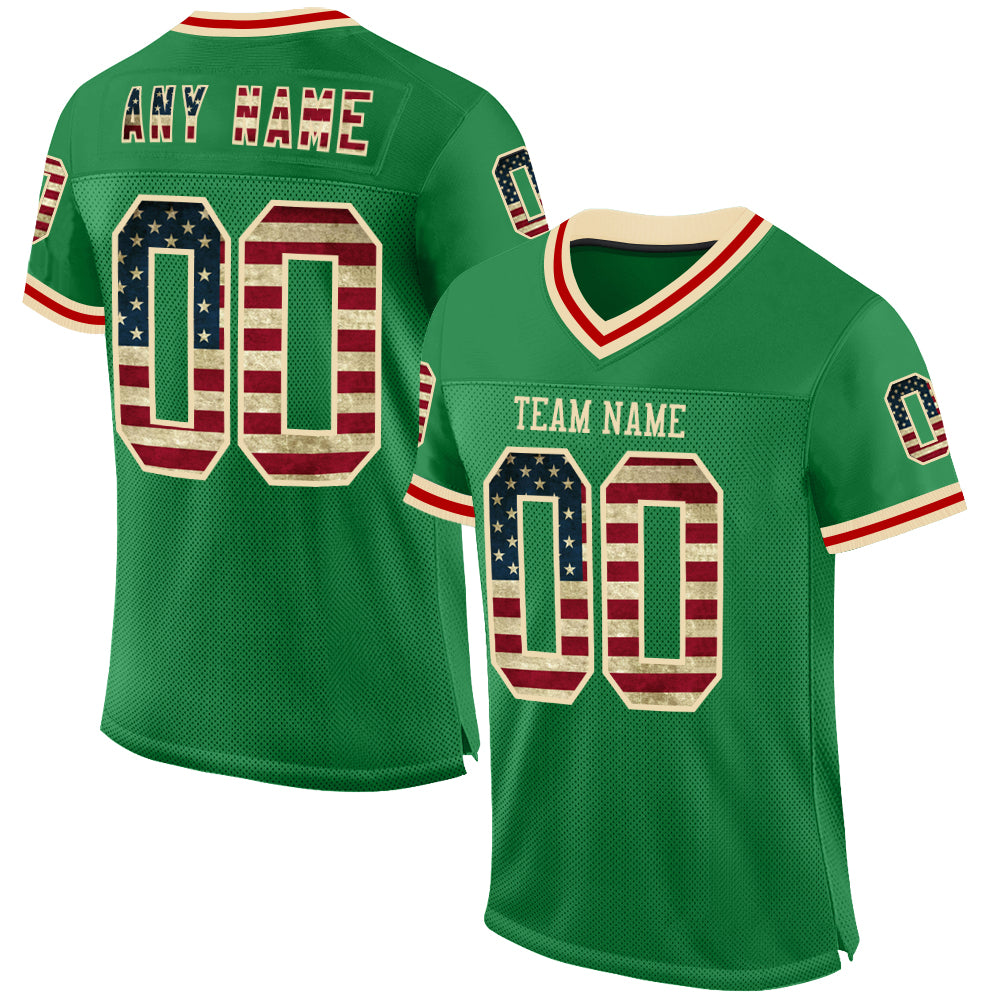 Custom Grass Green Vintage USA Flag Cream-Red Mesh Authentic Throwback Football Jersey - Main View