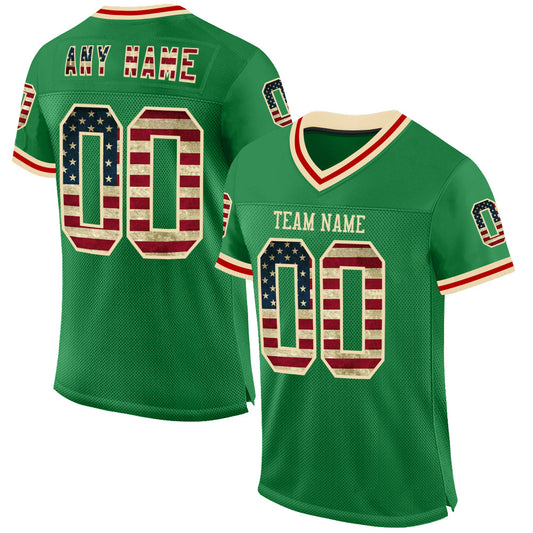 Custom Grass Green Vintage USA Flag Cream-Red Mesh Authentic Throwback Football Jersey - Main View