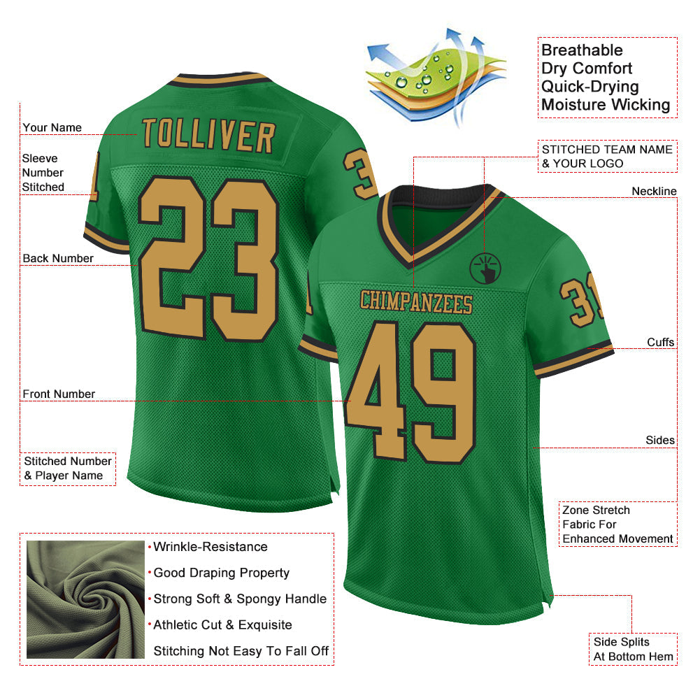 Custom Grass Green Old Gold-Black Mesh Authentic Throwback Football Jersey view 2