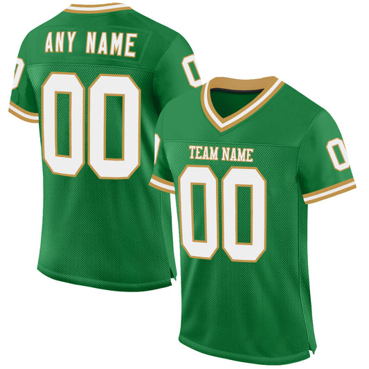 Custom Grass Green White-Old Gold Mesh Authentic Throwback Football Jersey - Main View