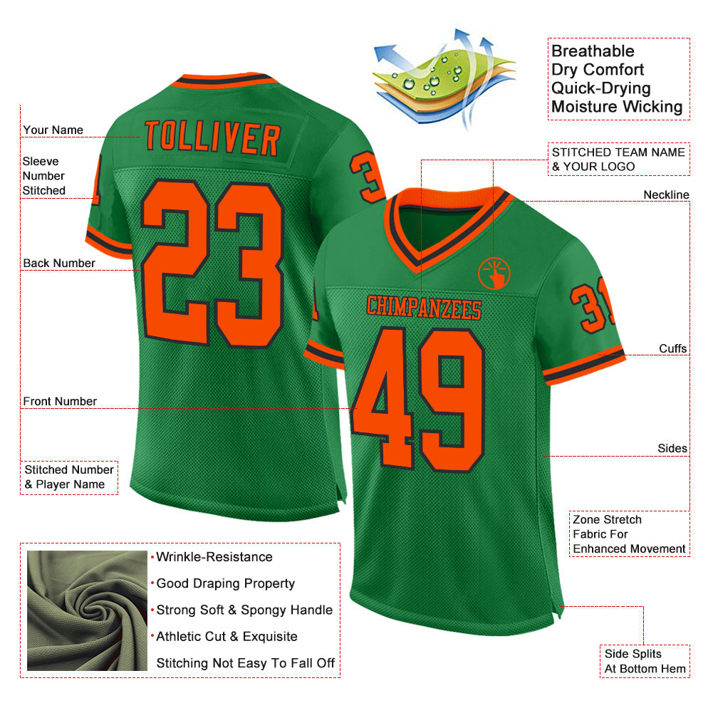 Custom Grass Green Orange-Black Mesh Authentic Throwback Football Jersey view 2