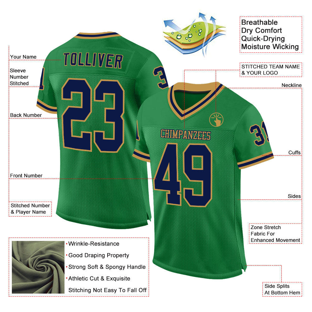 Custom Grass Green Navy-Old Gold Mesh Authentic Throwback Football Jersey view 2