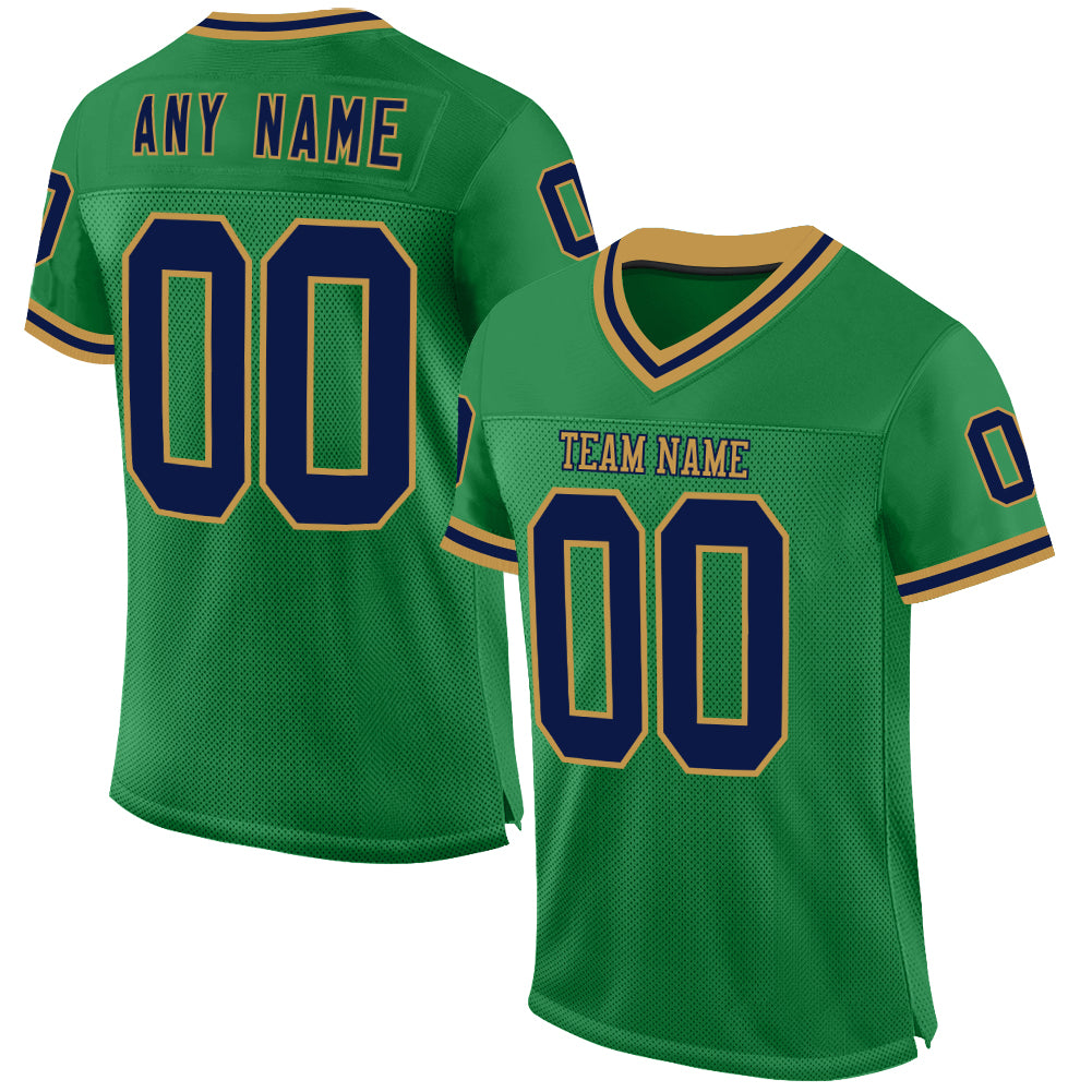 Custom Grass Green Navy-Old Gold Mesh Authentic Throwback Football Jersey - Main View