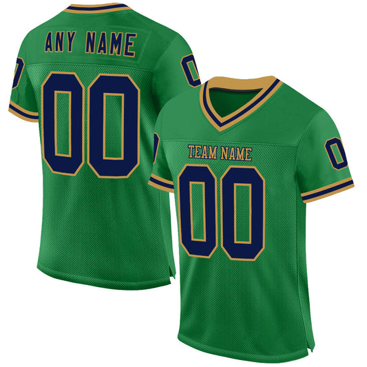 Custom Grass Green Navy-Old Gold Mesh Authentic Throwback Football Jersey - Main View