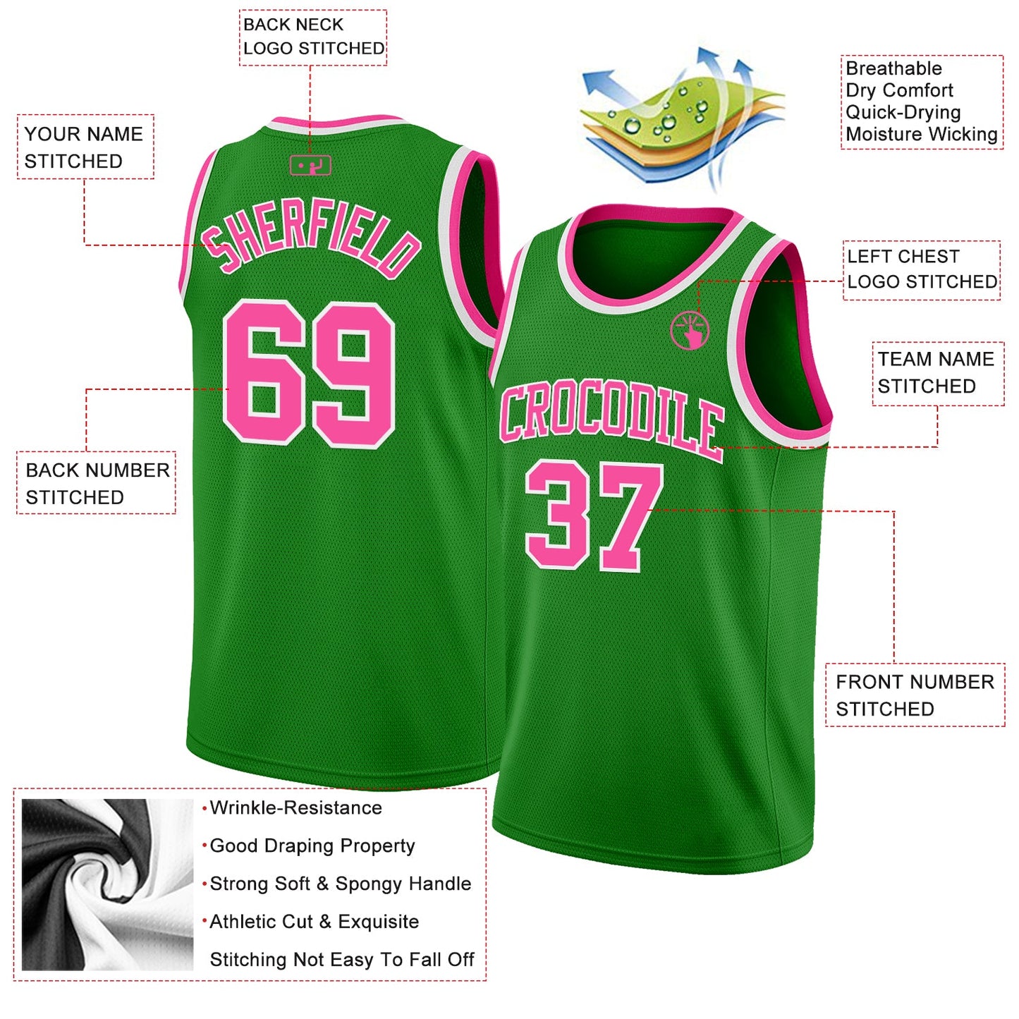Custom Grass Green Pink-White Authentic Basketball Jersey view 2
