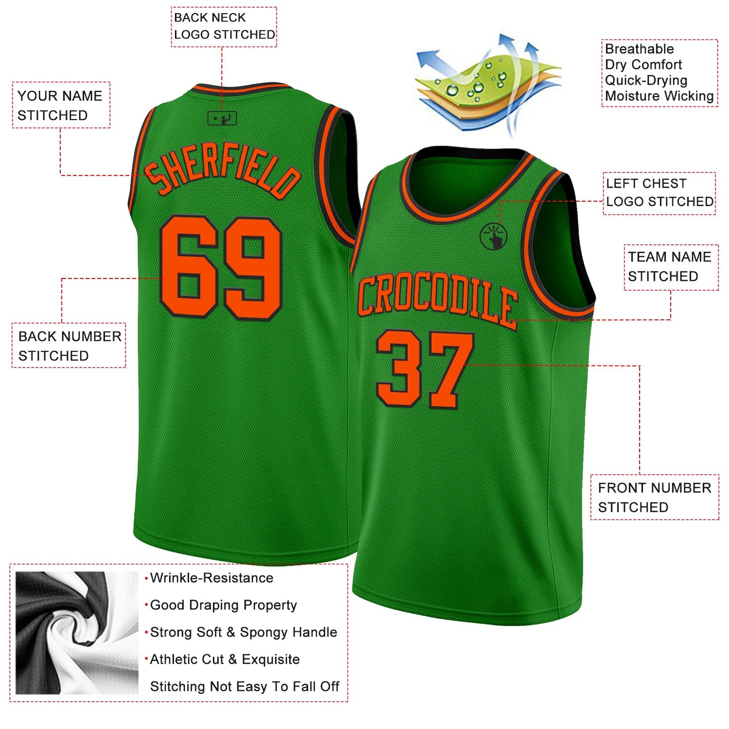 Custom Grass Green Orange-Black Authentic Basketball Jersey view 2