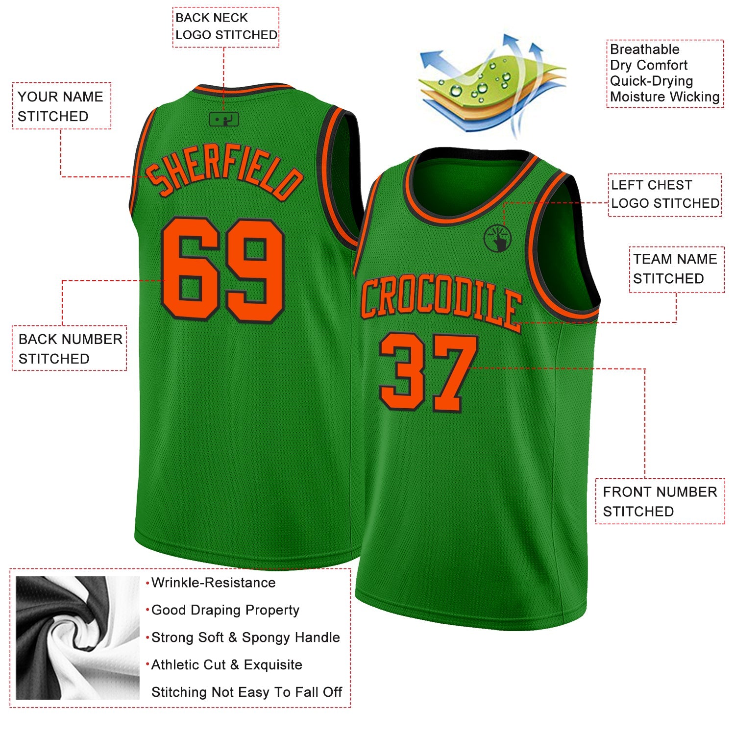 Custom Grass Green Orange-Black Authentic Basketball Jersey view 2