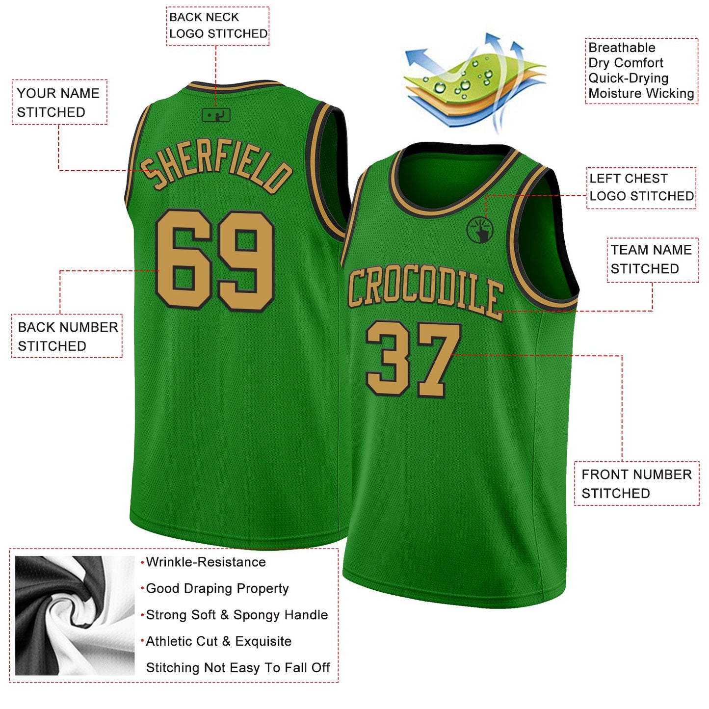 Custom Grass Green Old Gold-Black Authentic Basketball Jersey view 2