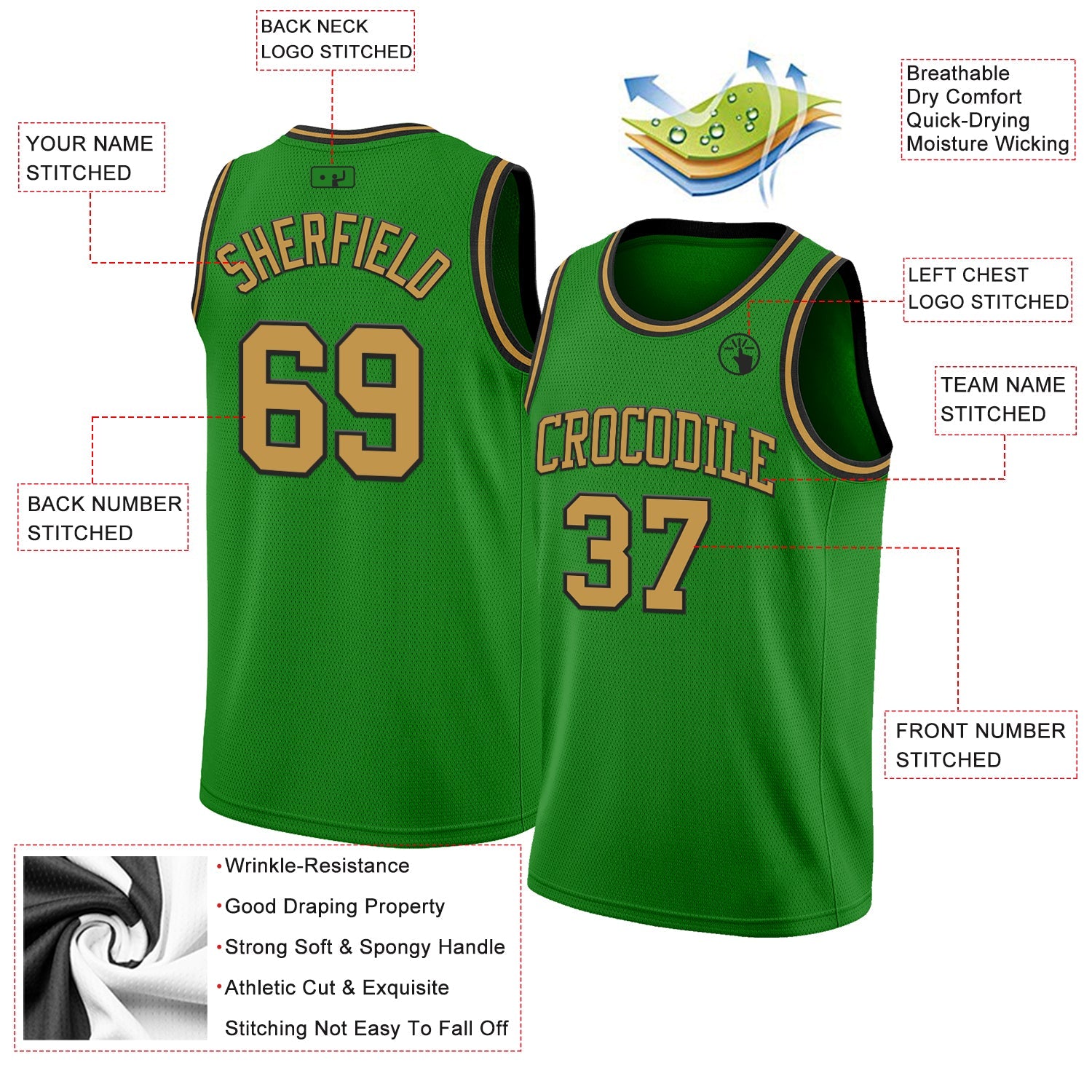 Custom Grass Green Old Gold-Black Authentic Basketball Jersey view 2