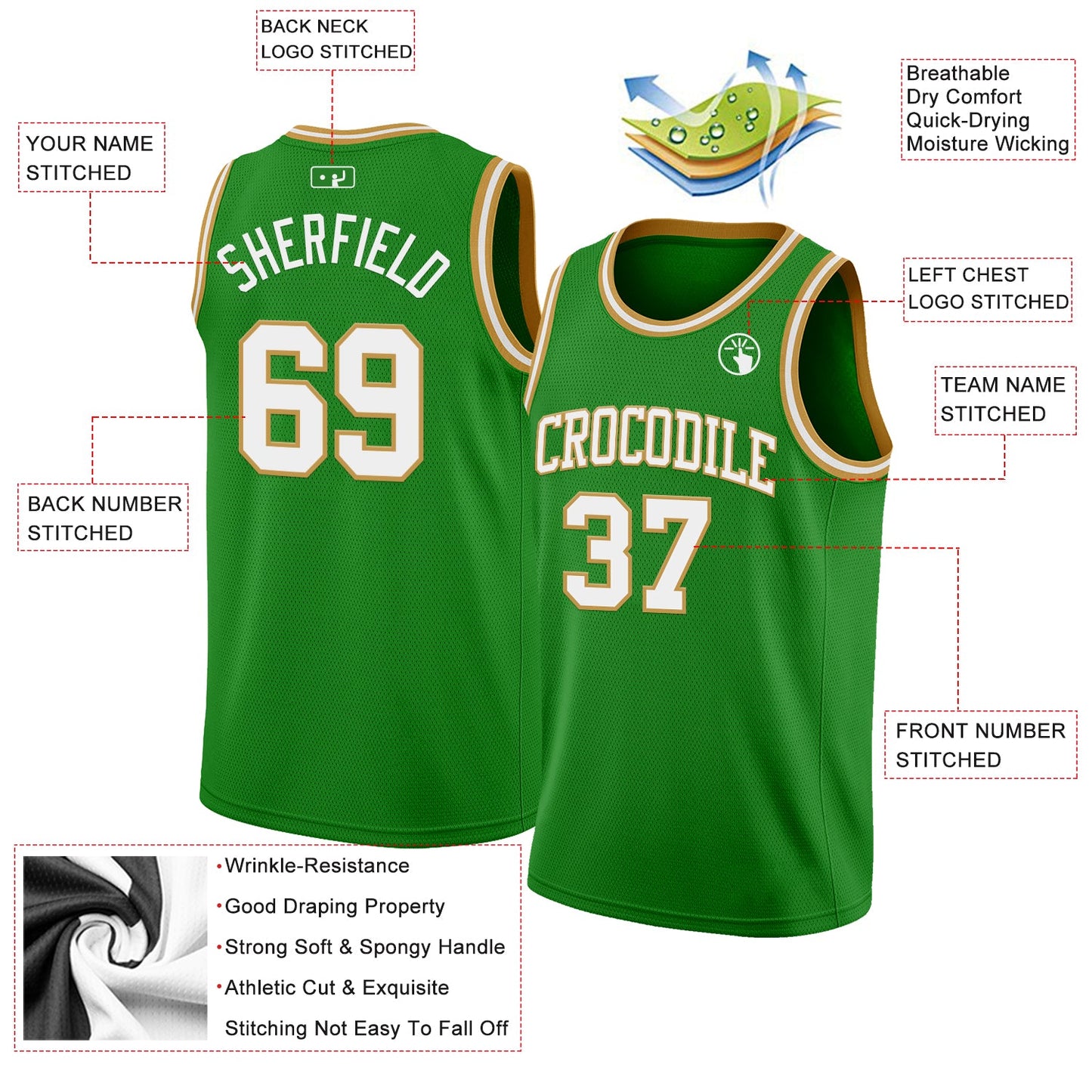 Custom Grass Green White-Old Gold Authentic Basketball Jersey view 2