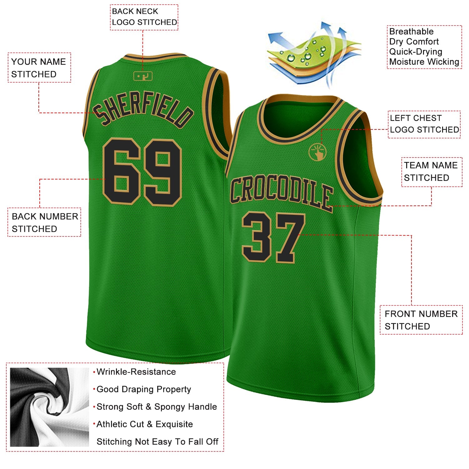 Custom Grass Green Black-Old Gold Authentic Basketball Jersey view 2